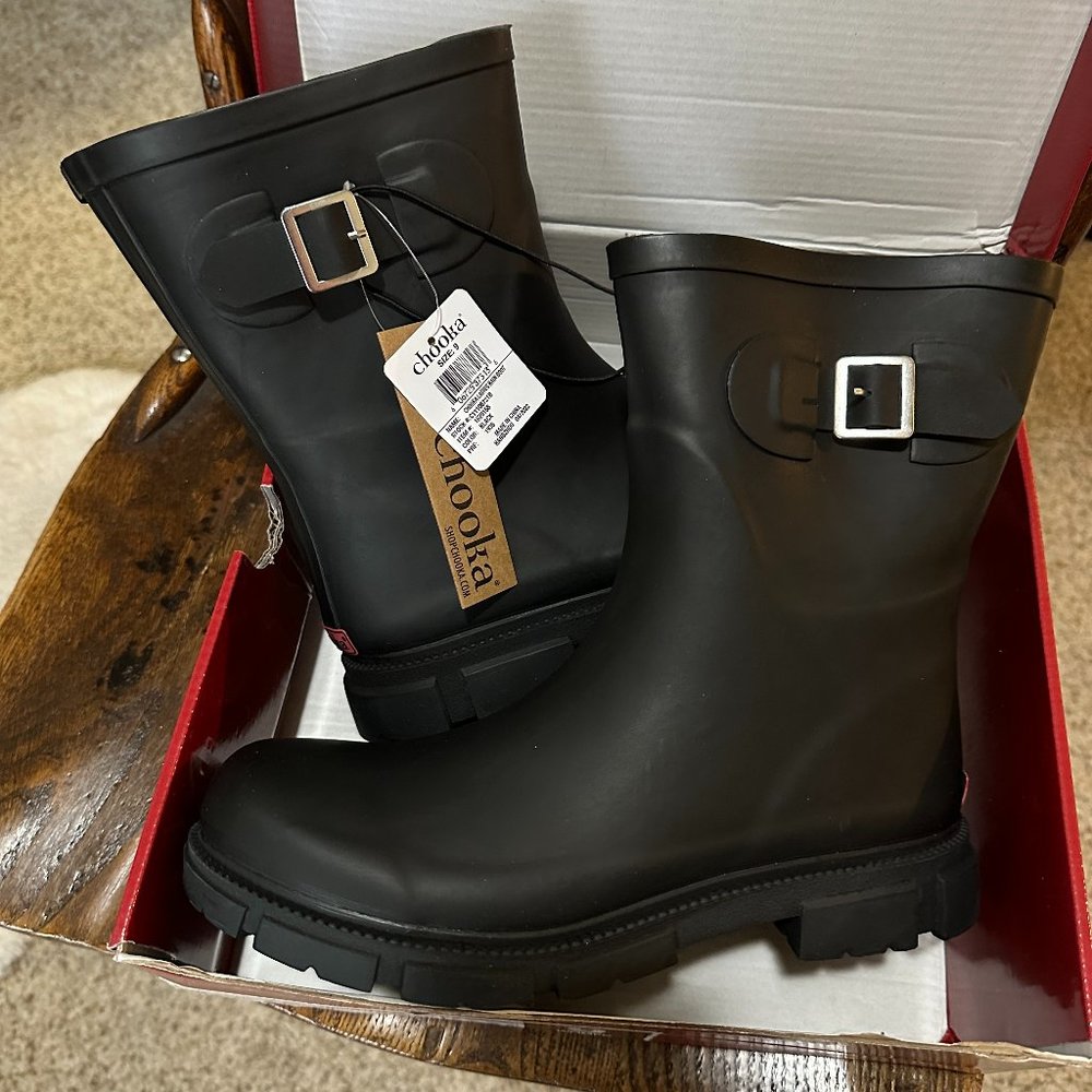 NWT Chooka Ladies Memory Foam Waterproof Black Rain Boots - Size 9